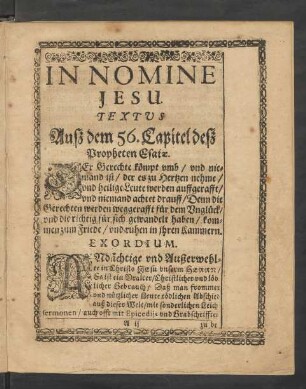 Textus. Aus dem 56. Capitel des Propheten Esaiae.