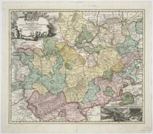 Karte der Nassauschen Fürstentümer (Süd) mit Taunus und Wetterau samt der angrenzenden Gebiete, 1:170 000, Kupferstich, um 1720 : [Pars Vederoviae Plurimas Ditiones Principatus et Comitatus Nassovicor. imprimis veró Regionem Schwalbacensem Acidulis claram exhibens] Pars VederoviaePlvrimas Ditiones Princ. et Com. Nassovicor. imprimis vero Regionem Schwalbacensem Acidulis claram exhibens / accurate distincta a Ioh. Baptista Hohmanno .... - [Ca. 1:170 000]. - Noribergae : Homann , [um 1720]. - 1 Kt. : Kupferst. ; 54 x 45 cm ; Mit 2 Bildbeigaben: LangenSchwalbach ; Der berühmte Sauerbrunnen in Schwalbach