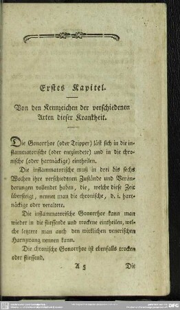 Erstes Kapitel. Von den Kennzeichen der verschiedenen Arten dieser Krankheit