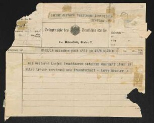 Brief von Harry Kessler an Gerhart Hauptmann