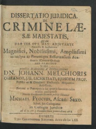 Dissertatio Iuridica De Crimine Laesae Majestatis