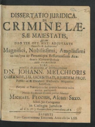 Dissertatio Iuridica De Crimine Laesae Majestatis