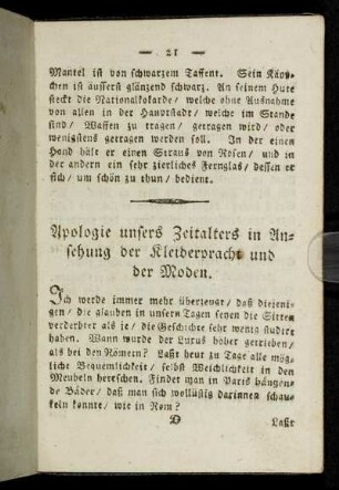 Apologie unsers Zeitalters in Ansehung der Kleiderpracht und der Moden