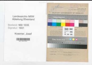 Entnazifizierung Josef Kraemer , geb. 24.04.1885 (Techniker)