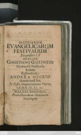 Divitiarum Evangelicarum Festivalium Disquisitio IX.