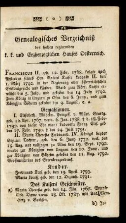 Genealogisches Verzeichniß des hohen regierenden k. k. Erzherzoglichen Hauses Öesterreich