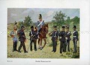 Uniformdarstellung, Infanteristen, Kavalleristen und Artilleristen verschiedener deutscher Staaten, um 1865.