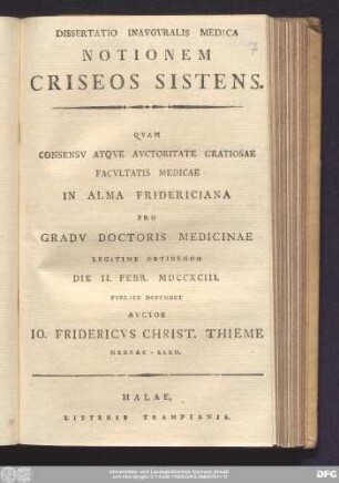 Dissertatio Inavgvralis Medica Notionem Criseos Sistens
