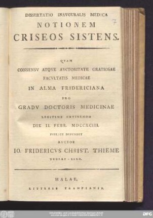 Dissertatio Inavgvralis Medica Notionem Criseos Sistens