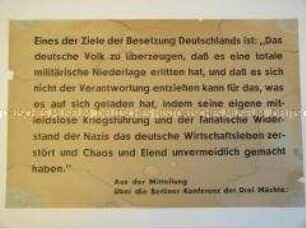 Maueranschlag mit einem Zitat aus der Mitteilung über die Potsdamer Konferenz über die Zukunft Deutschlands