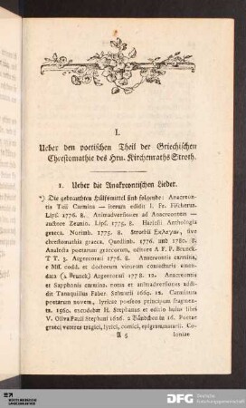 I. Ueber den poetischen Theil der Griechischen Chrestomathie des Hrn. Kirchenraths Stroth.