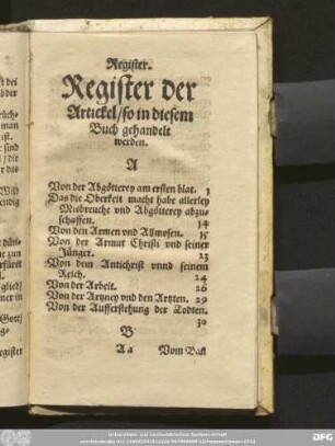Register der Artickel/ son in diesem Buch gehandelt werden.