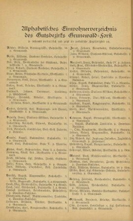 Alphabetisches Einwohnerverzeichnis des Gutsbezirks Grunewald-Forst