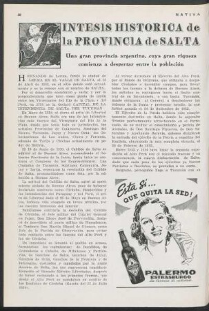 Síntesis histórica de la provincia de Salta : Una gran provincia argentina, cuya gran riqueza comienza a despertar entre la población