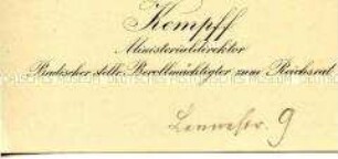 Visitenkarte von Ministerialdirektor Hermann Kempff aus der Sammlung des Reichskanzlers Wilhelm Marx / Kategorie "Reichsrat" - Sachkonvolut