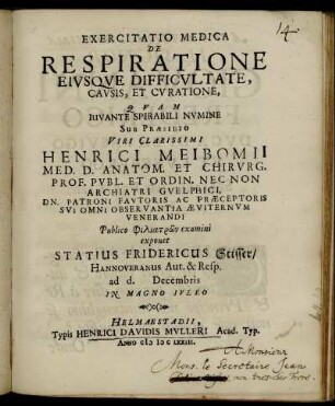 Exercitatio Medica De Respiratione Eiusque Difficultate, Causis, Et Curatione