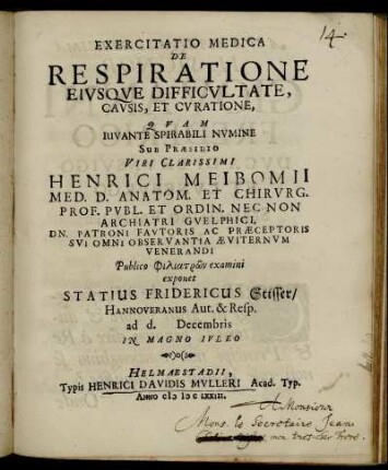 Exercitatio Medica De Respiratione Eiusque Difficultate, Causis, Et Curatione