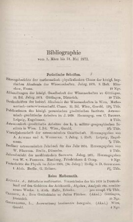 Bibliographie vom 1. März bis 31. Mai 1872.
