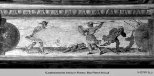 Deckendekoration : Deckenstreifen mit dem Wappen der Strozzi und der Bandini, reitenden Brautleuten und einem Fries mit den Geschichten des Adonis und des Perseus