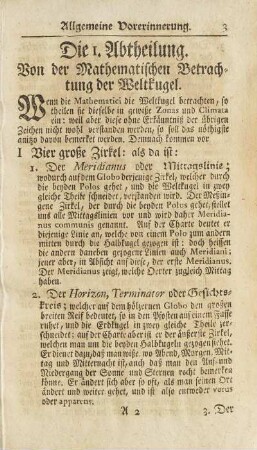 Die 1. Abtheilung. Von der Mathematischen Betrachtung der Weltkugel