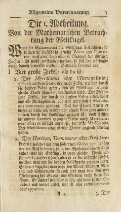 Die 1. Abtheilung. Von der Mathematischen Betrachtung der Weltkugel