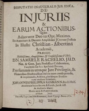 Disputatio Inauguralis Iuridica, De Iniuriis. & Earum Actionibus