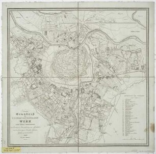 Plan von Wien, 1:15 000, Lithographie, 1826 : Neuester Grundriß der k. k. Haupt- und Residenzstadt Wien Sammt Ihren Vorstaedten : mit besonderer Auszeichnung der öffentlichen und merkwürdigen Anstalten, Gebäude, Gärten u. dgl. in denselben / C. Stein sc.. - [Ca. 1:15 000]. - [Wien] : Bey Karl Armbruster , 1826. - 1 Plan in 4 Teilen auf 1 Bl. : Lithogr. ; Gesamtgr. 48 x 47 cm Maßstab in graph. Form (Klafter). - NE oben. - Titel unten links. - Windrose unten rechts. - Ohne Kt.-Netz. - Mit Gebäudekennzeichnung