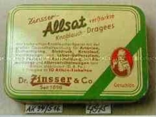 Blechdose für "Zinsser Allsat verstärkte Knoblauch-Dragees Dr. Zinsser und Co. Seit 1898""