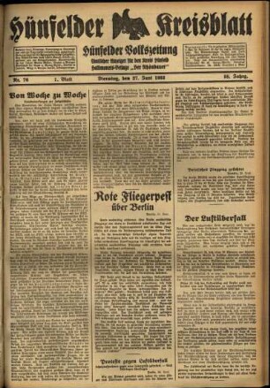 Erste Ausgabe vom Dienstag, den 27. Juni 1933.
