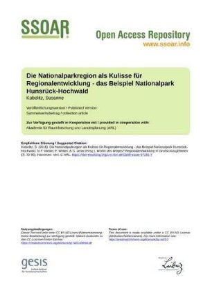 Die Nationalparkregion als Kulisse für Regionalentwicklung - das Beispiel Nationalpark Hunsrück-Hochwald