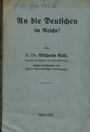 An die Deutschen im Reiche : [die "Freie Vaterländische Vereinigung"]
