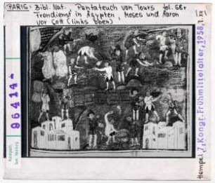 Paris, Bibliothèque Nationale: Nouv. acq. lat. 23341 (Pentateuch von Tours), fol. 58r, Frondienst in Ägypten, Moses und Aaron vor Gott