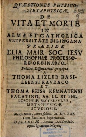 Questiones physico-metaphysicae de vita et morte