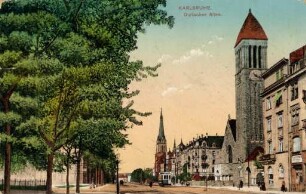 Postkartenalbum mit Motiven von Karlsruhe. "Karlsruhe. Durlacher Allee". Durlacher Allee mit Lutherkirche