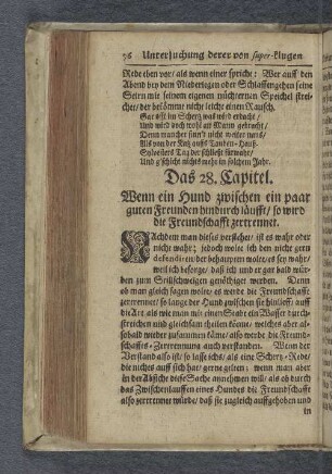 Das 28. Capitel. Wenn ein Hund zwischen ein paar guten Freunden hindurch läufft / so wird die Freundschafft zertrennet.