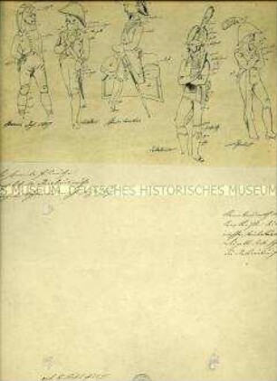 Uniformdarstellung, Skizzen mit Farbangaben von Uniformen der spanischen Infanterie, Artillerie, schweren Kavallerie und Katalonischer Soldaten, Spanien, 1807.