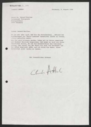 Brief an Gerard Mortier an Salzburger Festspiele, 04.08.1994