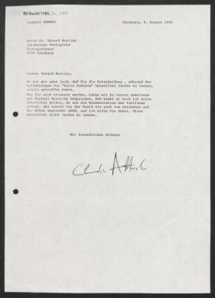 Brief an Gerard Mortier an Salzburger Festspiele, 04.08.1994