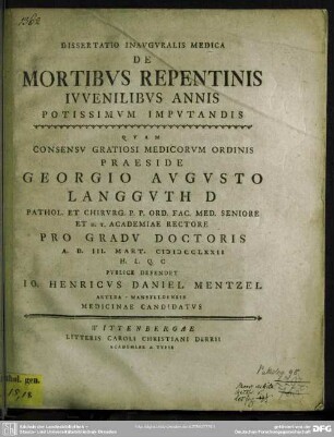 Dissertatio Inauguralis Medica De Mortibus Repentinis Iuvenilibus Annis Potissimum Imputandis