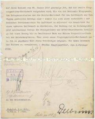 Schreiben zur Aufhebung des zweiten Flugzeugmotor-Wettbewerbs, mit eigenhändiger Unterschrift des Kaisers Wilhelm