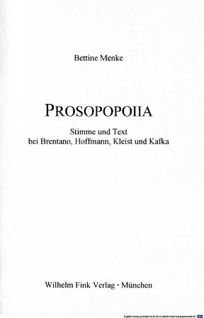 Prosopopoiia : Stimme und Text bei Brentano, Hoffmann, Kleist und Kafka