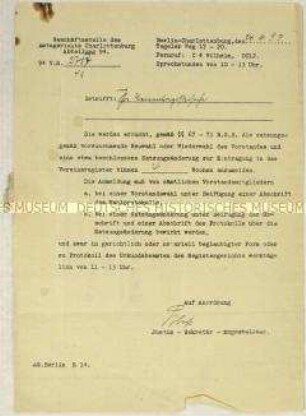 Schreiben des Amtsgerichtes Berlin-Mitte an die Künstlervereinigung "Die Zeitgemäßen" (Die Abstrakten) zu Eintragungen in das Vereinsregister - Sachkonvolut