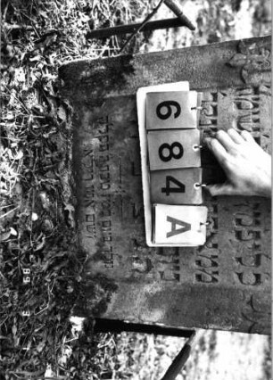 Grabstein 684 (Index: 99752393) Material: Sandstein Zustand: leicht verwittert Maße HxBxT: 142x62x9 cm Beschreibung: Stele, Konvexbogenabschluß Symbolik: Löwenpaar herschauend als Schildhalter, Krone Besonderheit: Schrift farbig: Grabstein 684A
