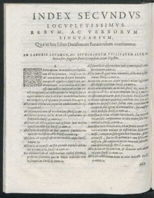 Index Secundus Locupletissimus Rerum, Ac Verborum Singularium. Quae in hoc Libro Decisionum Ferrariensium continentur