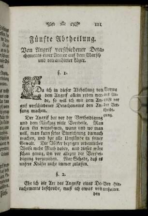 Fünfte Abtheilung. Von Angrif verschiedener Detachements einer Armee auf dem Marsch und retranchirter Läger.