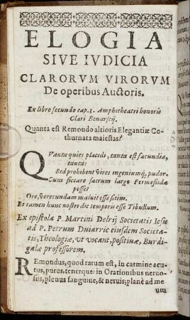 Elogia Sive Iudicia Clarorum Virorum De operibus Auctoris.