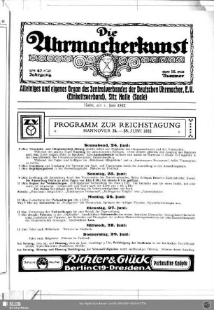 Programm zur Reichstagung, Hannover 24. - 28. Juni 1922