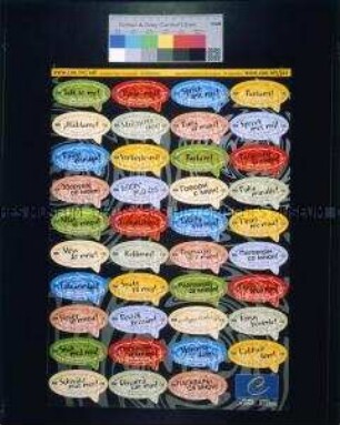Werbeblatt mit Aufklebern in verschiedenen europäischen Sprachen