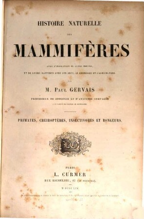 Histoire naturelle des mammifères ..., 1