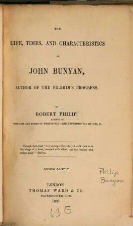 The life, times and characteristics of John Bunyan, author of the Pilgrim's Progress